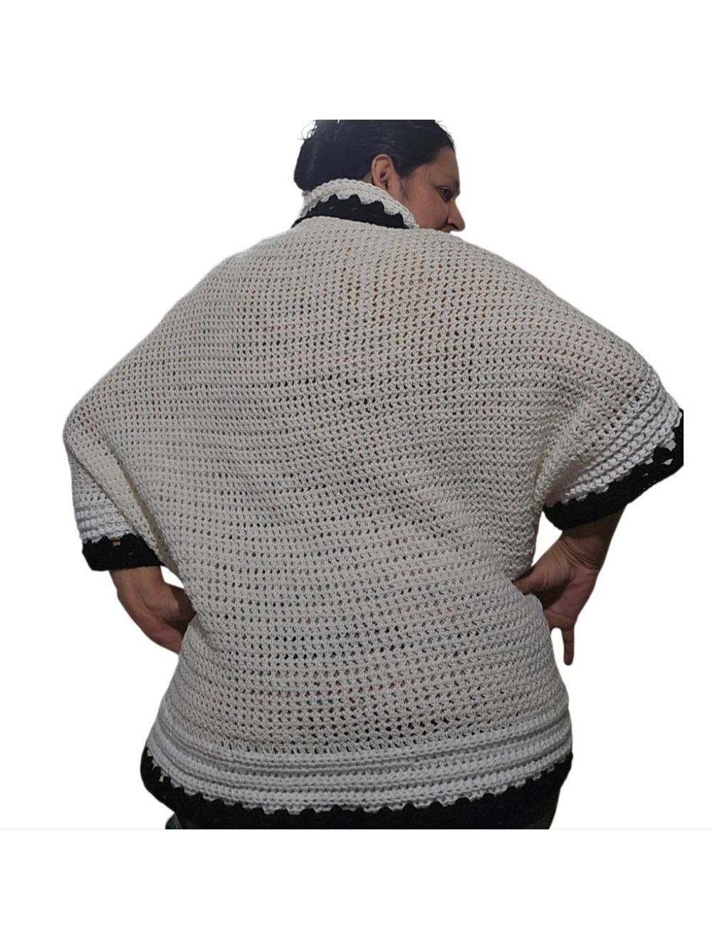 Handmade White Hand Knit Crochet Cocoon Cardigan Granny Square Black Open Front - Picture 15 of 17